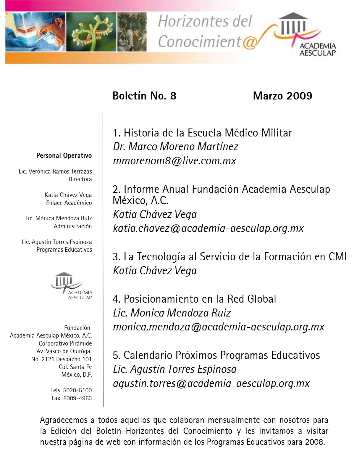 Portada Horizontes del Conocimiento No. 8 | Marzo 2009