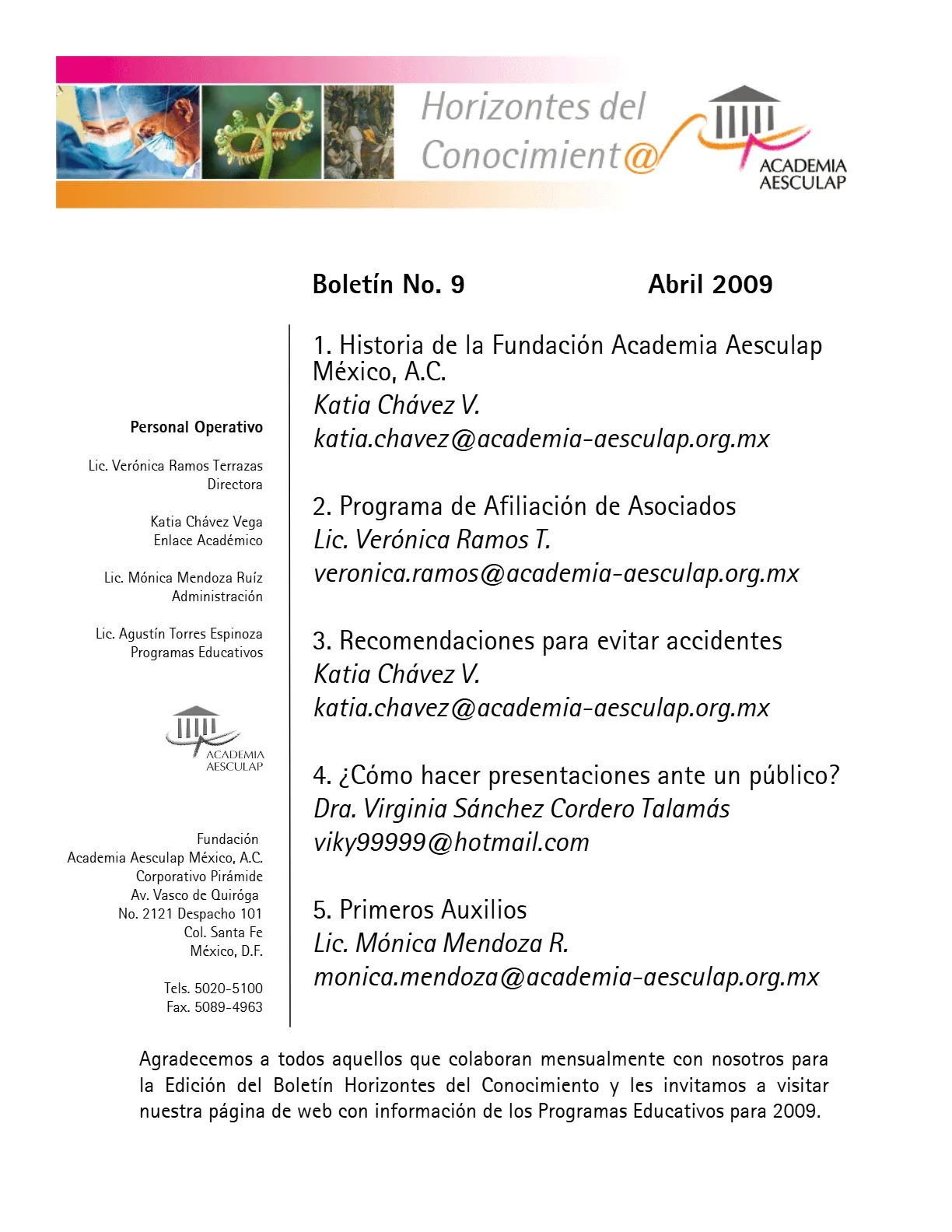 Portada Horizontes del Conocimiento No. 9 | Abril 2009