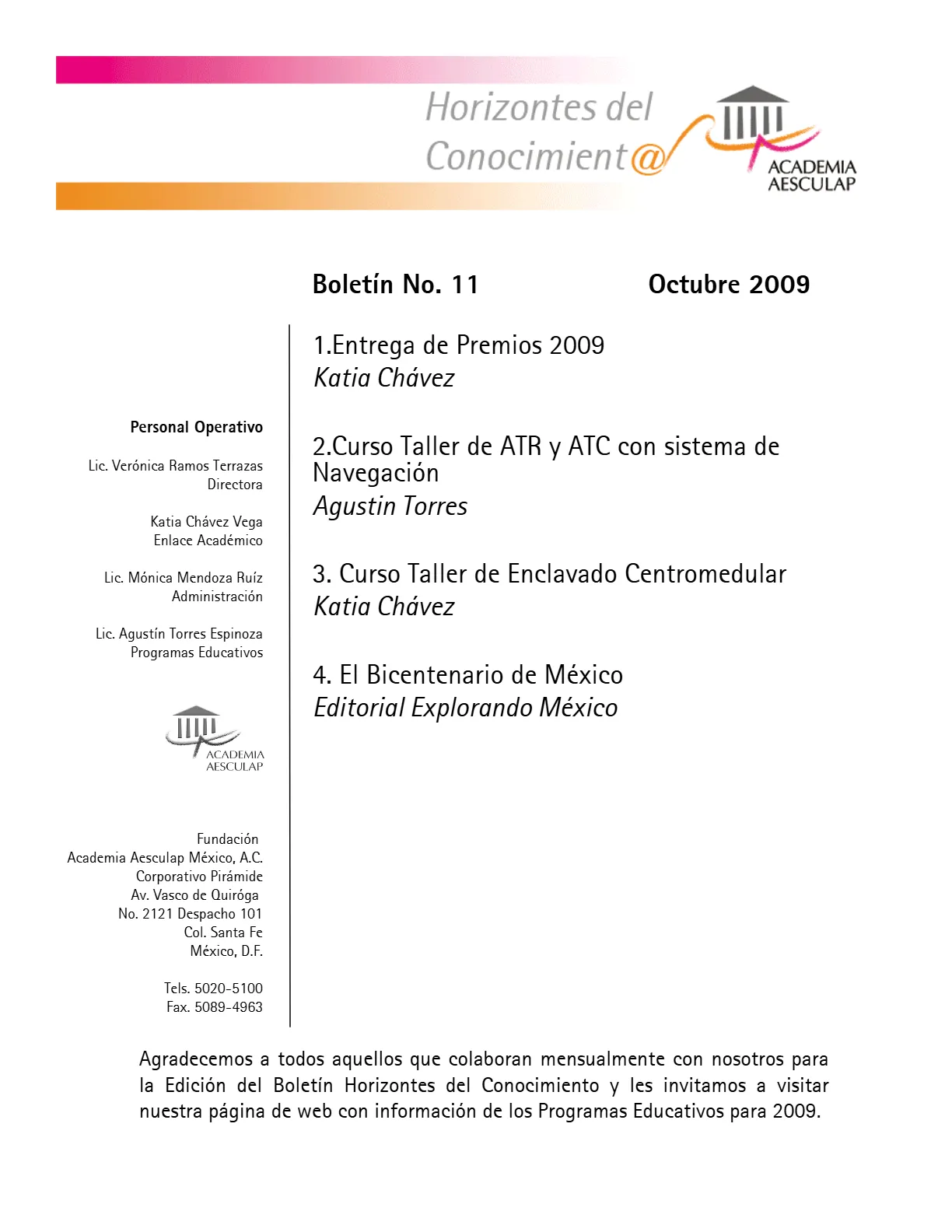 Portada Horizontes del Conocimiento No. 11 | Junio 2009