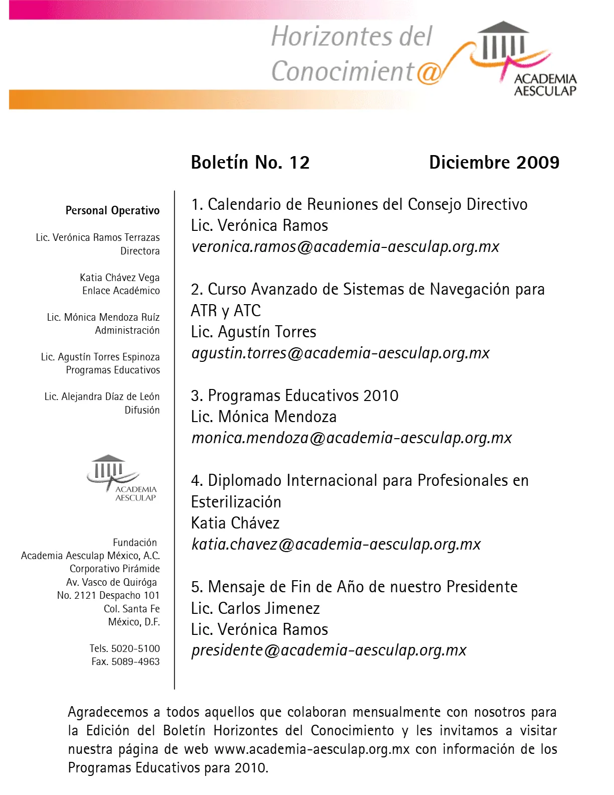 Portada Horizontes del Conocimiento No. 12 | Diciembre 2009